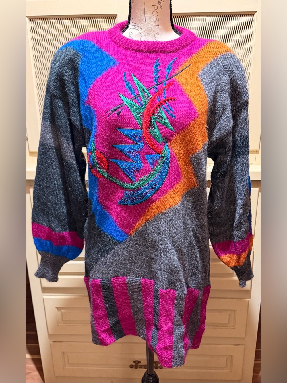 Vintage 80s Escada Mohair Abstract Embroidered Tunic Sweater